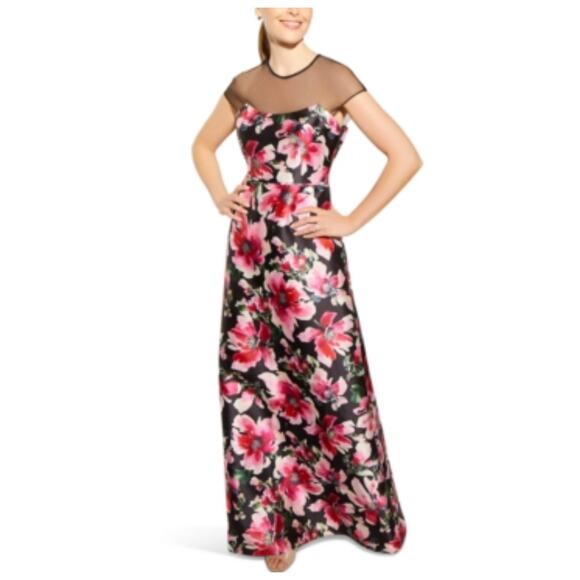 Adrianna Papell Dresses & Skirts - Adrianna Papell Floral Print A-Line Evening Gown Black and Pink Size 8 Dress
